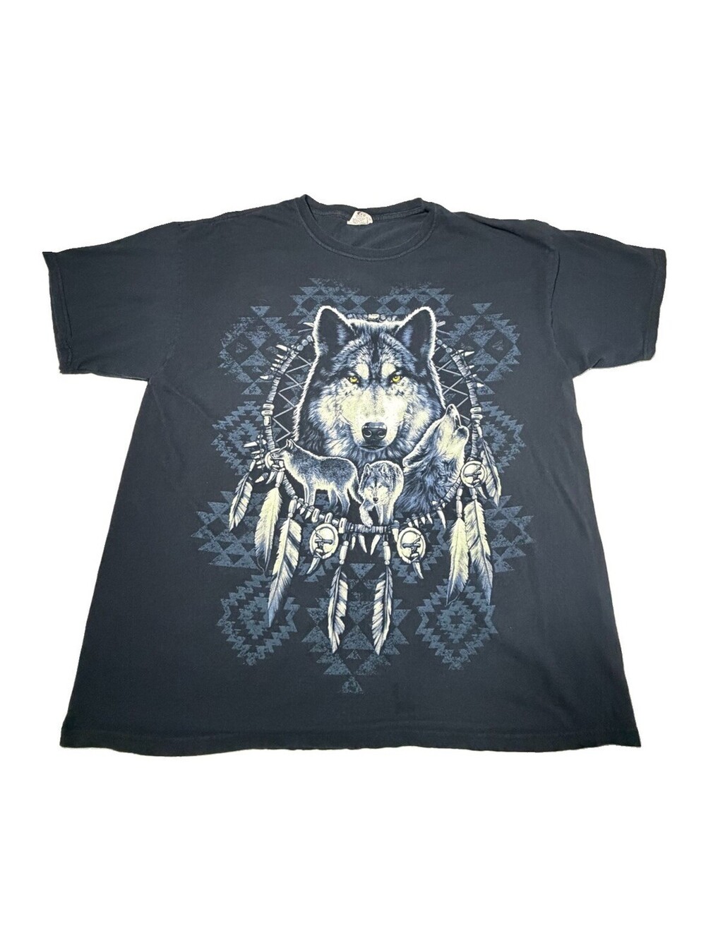 Vintage Fruit of the Loom Wolf Dreamcatcher Graphic T-Shirt Black Mens XL